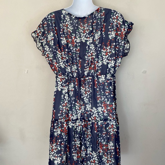 NWT Anna-Kaci Floral Print Navy Dress M fully lines V neck cap sleeves - Picture 3 of 13